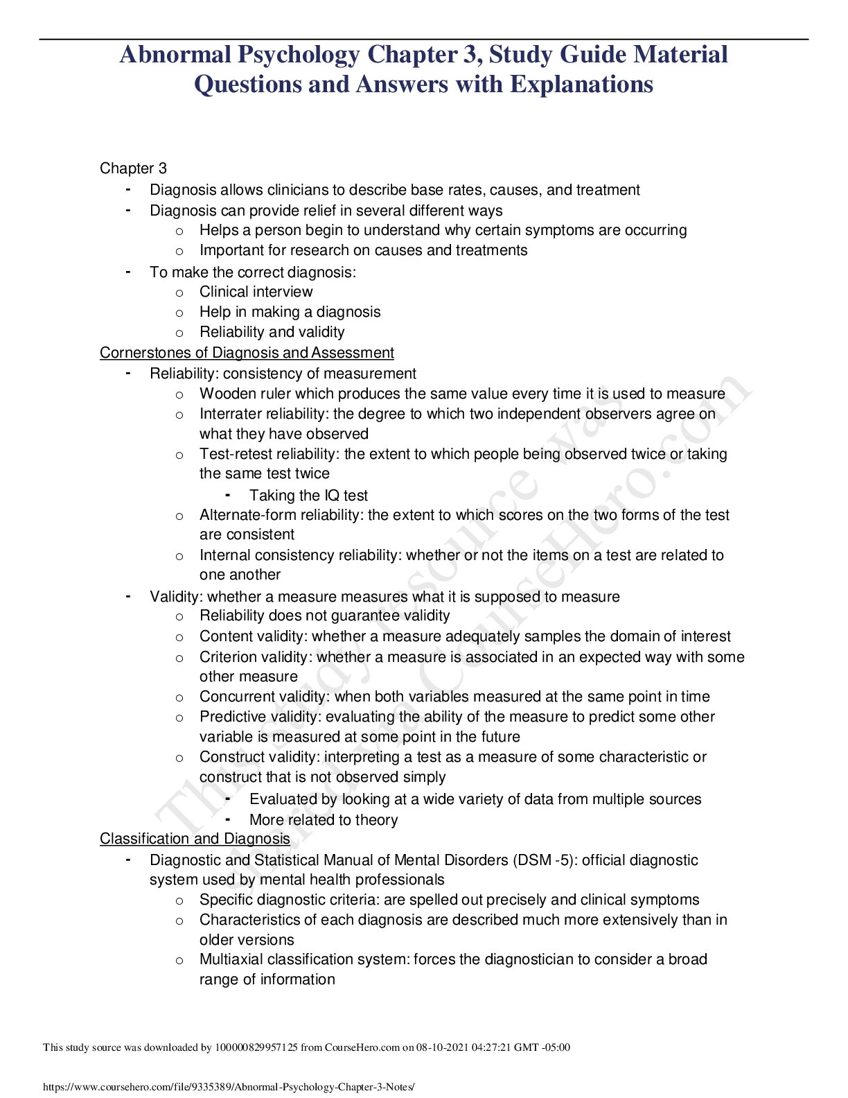 Preview image of Abnormal Psychology Chapter 3, Study Guide Material Questions and Answers with Explanations (latest Update), 100% Correct, Download to Score A document